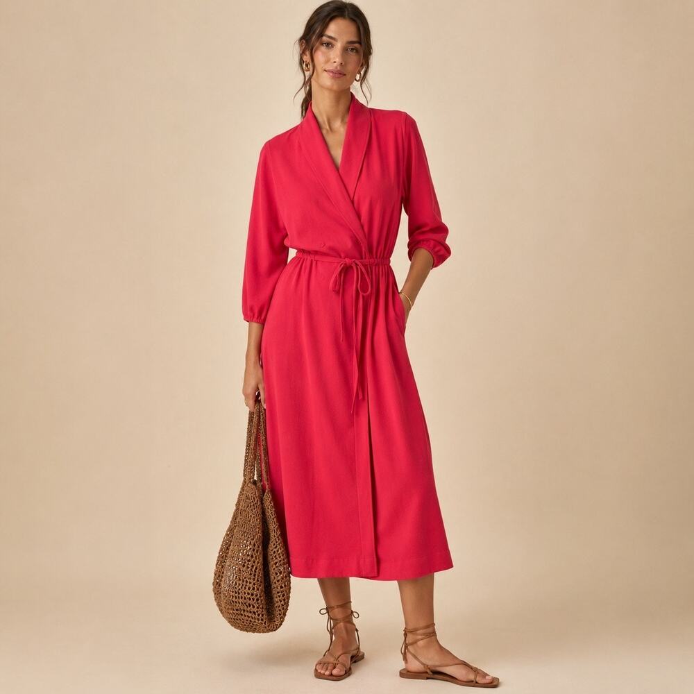 Vintage 80s Leslie Fay Pink Faux Wrap Midi Dress Elastic Waist M
